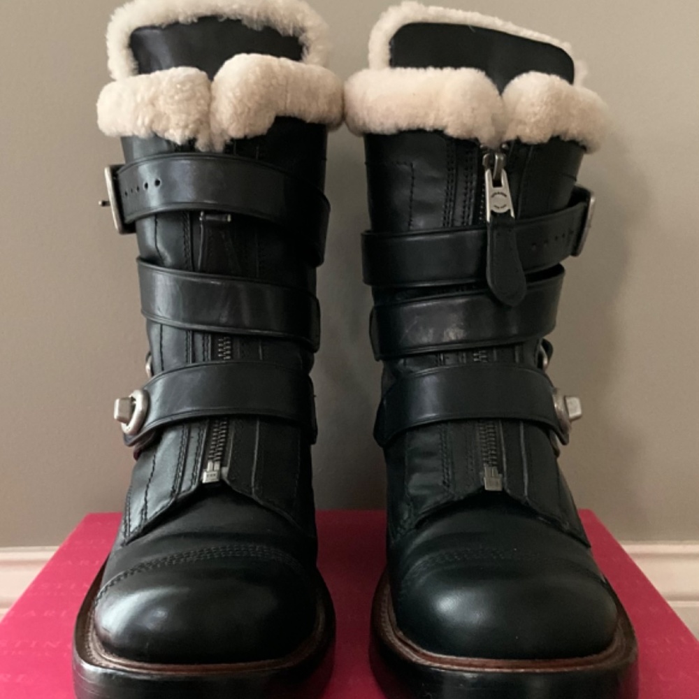 Coach Moto Black Leather & Fur Boot Size 7.5 - Picture 4 of 6